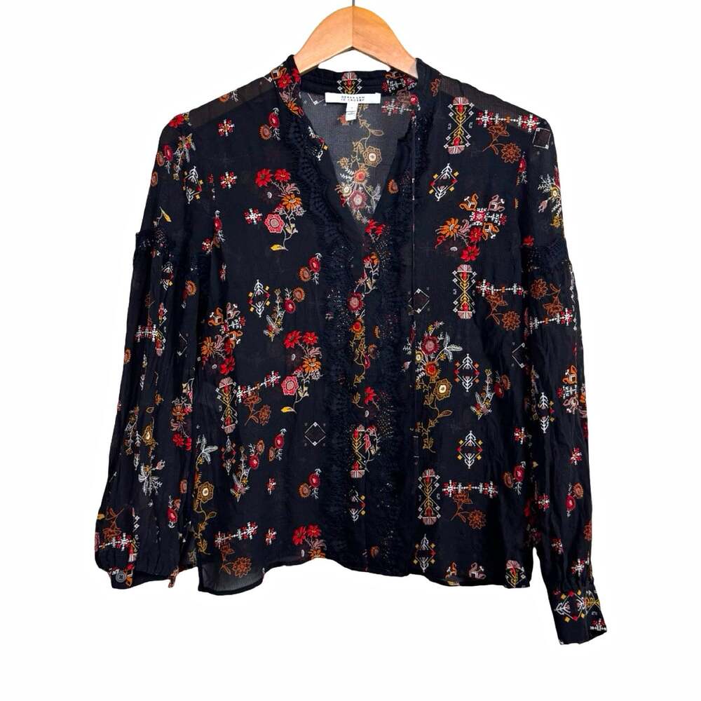 Derek Lam 10 Crosby Black Floral 100% Silk Chiffon V-Neck Blouse Size 4
